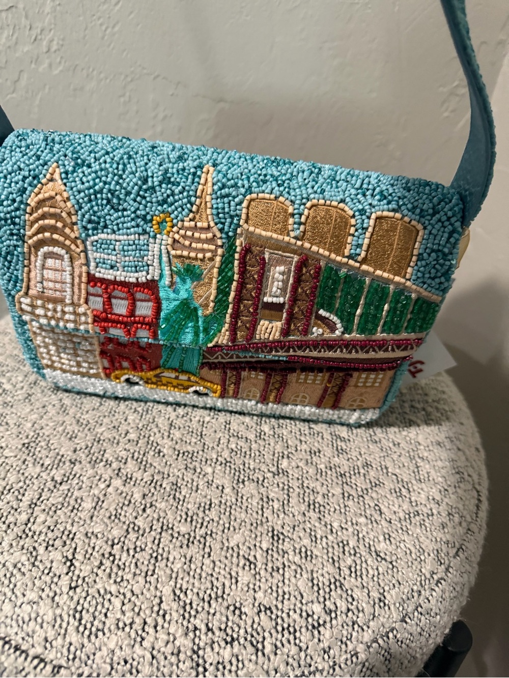Turquoise Beaded Cityscape Shoulder Bag